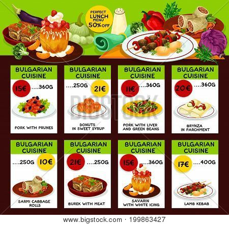 Bulgarian cuisine restaurant lunch menu for special offer brochure template. Lamb kebab, vegetable bean pork stew, meat pie, cheese roll, donut, cabbage beef roll and savarin cake menu card design