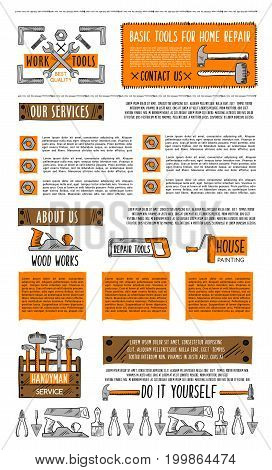 Home repair service landing page template. Navigation menu with handyman work tool and link buttons with hammer, spanner, pliers, paint brush and roller, trowel, saw, axe and toolbox sketches