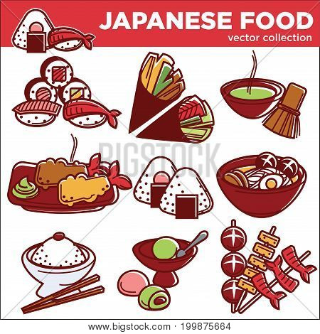 Japanese food traditional dishes set of sushi roll, fish miso ramen or udon noodle soup, dessert or seafood tempura and rice with chopsticks. Vector icons for Japan restaurant menu