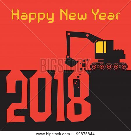 Happy New Year greeting card - Excavator digger at work vector illustration