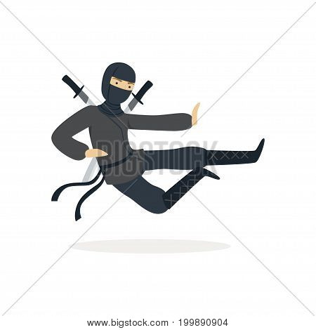 Ninja assassin character in a full black costume jumping with katana swords behind his back, Japanese martial art vector Illustration on a white background