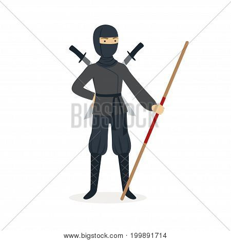Ninja assassin character in a full black costume standing with katana swords behind his back and bamboo training sword in his hand, Japanese martial art vector Illustration on a white background