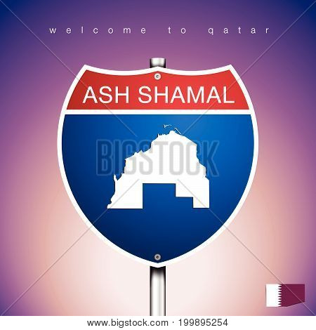 An Sign Road America Style with state of Qatar with violet background and message ASH SHAMAL and map vector art image illustration