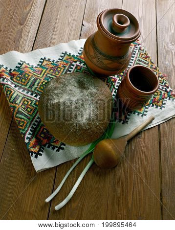 Russian traditional round bread - karavai  close up healthy meal