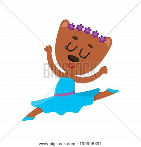 Happy cute little bear character, ballet dancer in pointed shoes and tutu skirt, cartoon vector illustration isolated on white background. Little bear baby animal, ballet dancer, ballerina in tutu