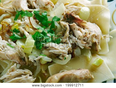 Chicken Beshbarmak .Central Asian cuisine studio close up meal