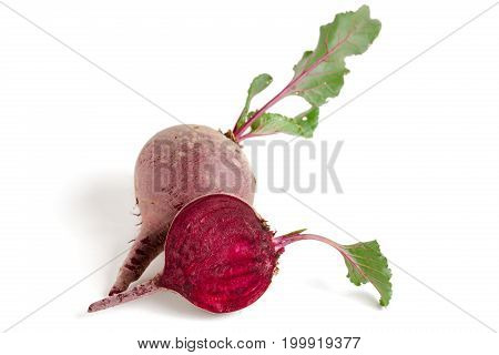 Beetroot with leaf isolated on white background.