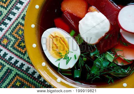 Russian Cold beet soup Smolensk chlodnik studio close up meal