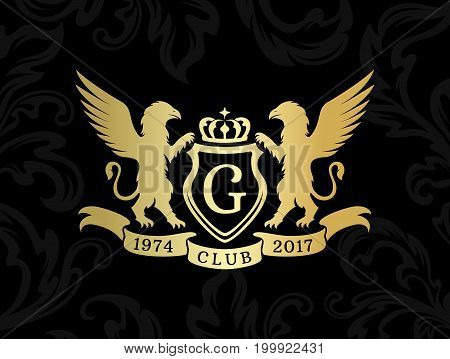 Heraldic logo template. Vintage ornamental emblem with grifon monogram and crown symbols