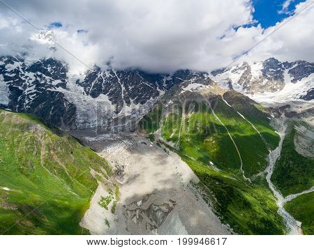 Aerial view of Shkhara Glacier. Upper Svaneti, Georgia. Caucasus mountains.