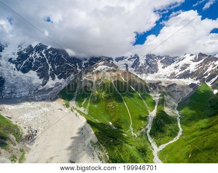 Aerial view of Shkhara Glacier. Upper Svaneti, Georgia. Caucasus mountains.