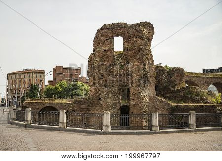 The ruins wall near Porta Galliera in Bologna Italy