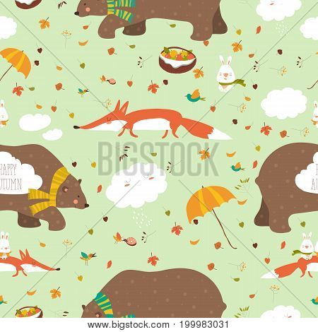 Vector autumn forest seamless pattern with cute animals