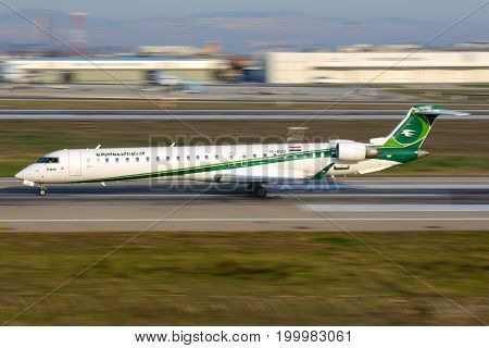 Istanbul, Turkey - March 18, 2014: Bombardier CRJ-900 YI-AQB of Iraqi Airways taking off at Ataturk international airport.