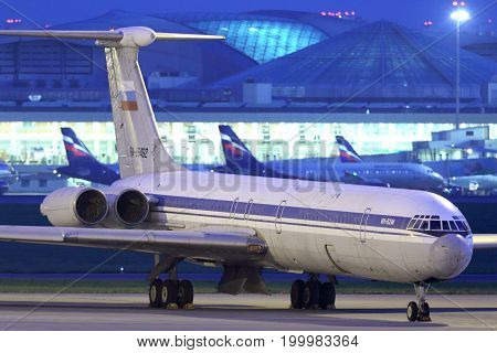 Sheremetyevo, Moscow Region, Russia - March 2, 2014: Former Aeroflot Ilyushin IL-62M RA-86492 standing at Sheremetyevo international airport.
