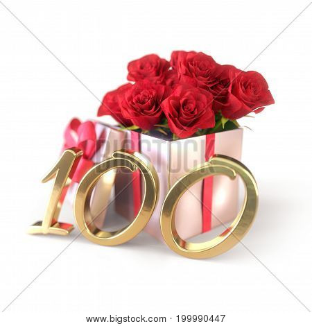 birthday concept with red roses in gift isolated on white background. 3D render - hundredth birthday. 100th