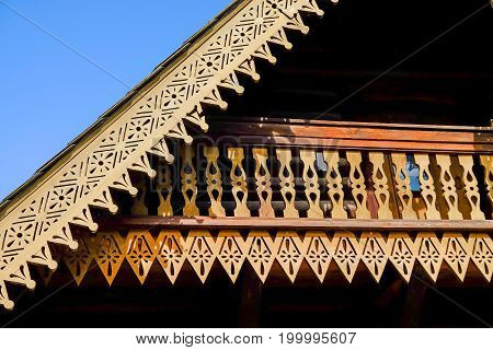 POTSDAM GERMANY - AUGUST 15; 2017: Detail of a traditional Russian wooden house decoration in the Russian colony Alexandrowka in Potsdam Germany.