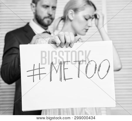 Victim Assault At Workplace. Assault Targeted At Employee. Girl Hold Poster Hashtag Me Too While Col