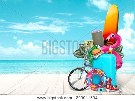 Collage Of Luggage For Travel In Front Of Ocean View. Concept Of Summertime, Resort, Journey, Trip, 