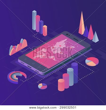 Isometric Vector Illustration. Smartphone With Business Infographics. The Concept Of Analyzing Stati