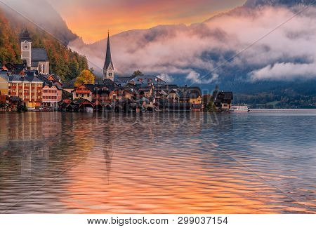 Wonderful Sunset With Colorful Sky Over The Halstatt.