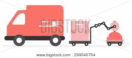 Vector Illustration With Robot Loader Loads Boxes Into A Truck. Automation Warehouse Processes. Smar