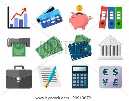Set Of Flat Icons, Business, Finances, Money And Payment Concept, Analysis And Stats, Credit Plastic