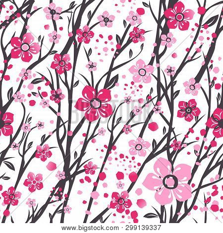 Sakura Japan Cherry Branch With Blooming Flowers Illustration. Seamless Pattern.