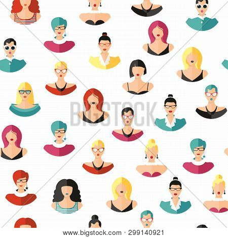 Set Woman Face Hairstylein Color. Girls Illustration. Trend Flat Style. Seamless Pattern.