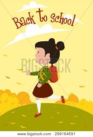 Girl Schoolgirl Runs On The Lawn On The Background Of Autumn Foliage, Back To School
