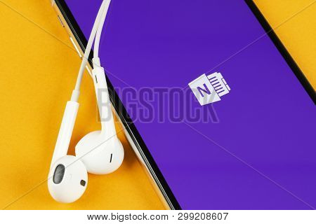 Helsinki, Finland, May 4, 2019: Microsoft Onenote Office Application Icon On Apple Iphone X Screen C
