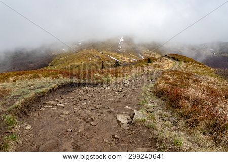 Empty Trail In The Mountains Of Central Europe. A Path Leading High In The Mountains.