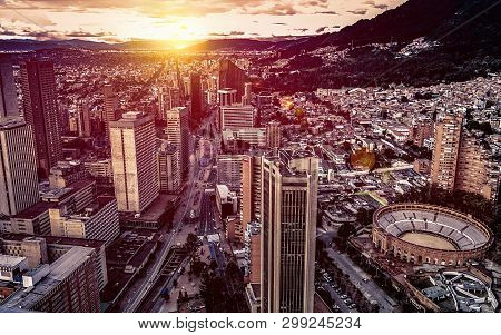 Panoramic Aerial View Of Downtown Bogota Colombia On A Beautiful Golden Sunset.