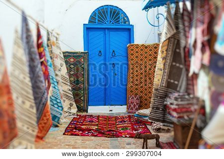 Traditional Tunesian Carpets On Market. Selective Focus.