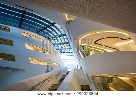 Vienna, Austria. 2.03.2019. Library Of The Economic University. Modern Building Inside. With Slanted