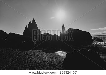 View Of The Atlantic Ocean From The Coast Of Iceland. The Reynisfjara Beach