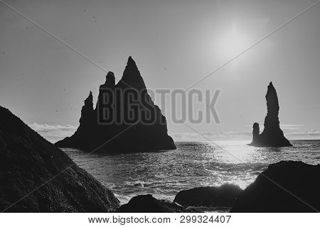 View Of The Atlantic Ocean From The Coast Of Iceland. The Reynisfjara Beach