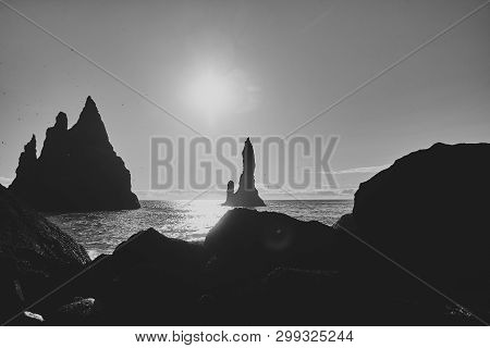 View Of The Atlantic Ocean From The Coast Of Iceland. The Reynisfjara Beach
