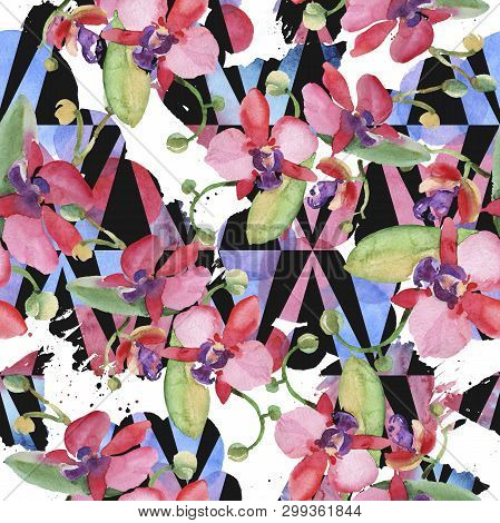 Orchid Bouquets Floral Botanical Flowers. Watercolor Background Illustration Set. Seamless Backgroun