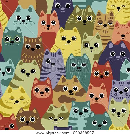 Seamless Pattern With Cats. Big Company Of Cats Of Different Breeds. Vector Background For Fabric, T