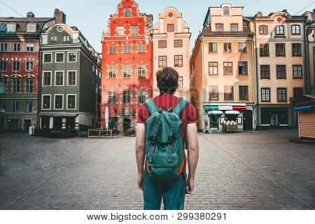Man Tourist Walking In Stockholm Travel Sightseeing Gamla Stan Stortorget Architecture Lifestyle Sum