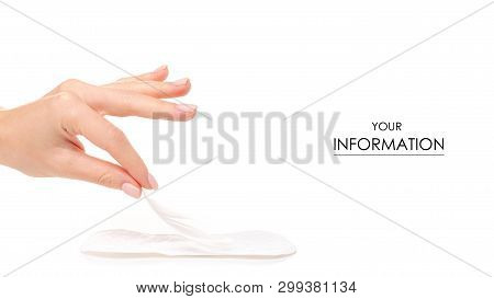 Sanitary Pads Menstruation White Feather In Hand Patetrn On A White Background Isolation