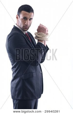 Zakenman trekken en bond vastgebonden met touw concept geïsoleerd op een witte achtergrond in studio