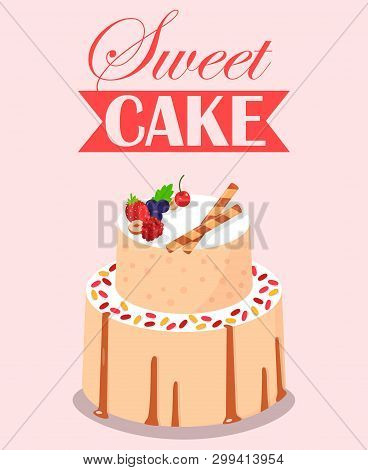 Sweet Double Decker Cake Banner Vector Illustration. Dessert For Celebrations Such As Birthday, Wedd