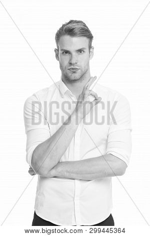 Excellent Quality. Man Confidently Highly Recommend White Background. Guy With Bristle Recommend Exc