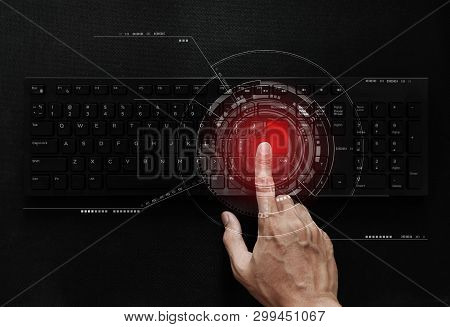 Hand Pushing Red Button On Computer Keyboard, Computer Network And Connection Technology. Computer D
