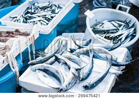 Fresh Fish For Sale In The Fish Market Pescheria Of Catania, Sicily, Italy