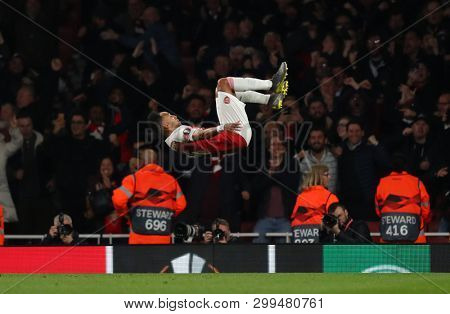 LONDON, ENGLAND - MAY 02 2019: Pierre-Emerick Aubameyang of Arsenal celebrates scoring a goal during the Europa League semi final leg one match between Arsenal and Valencia.