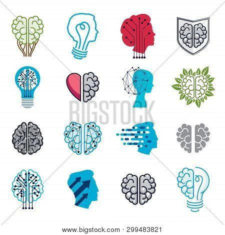 Brain And Intelligence Vector Icons Or Logo Concepts Set. Artificial Intelligence, Bright Mind, Brai