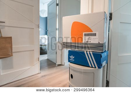 Amsterdam, Jisperveldstraat, The Netherlands, 05/04/2019. Zalando Package Is Waiting In The Hall To 